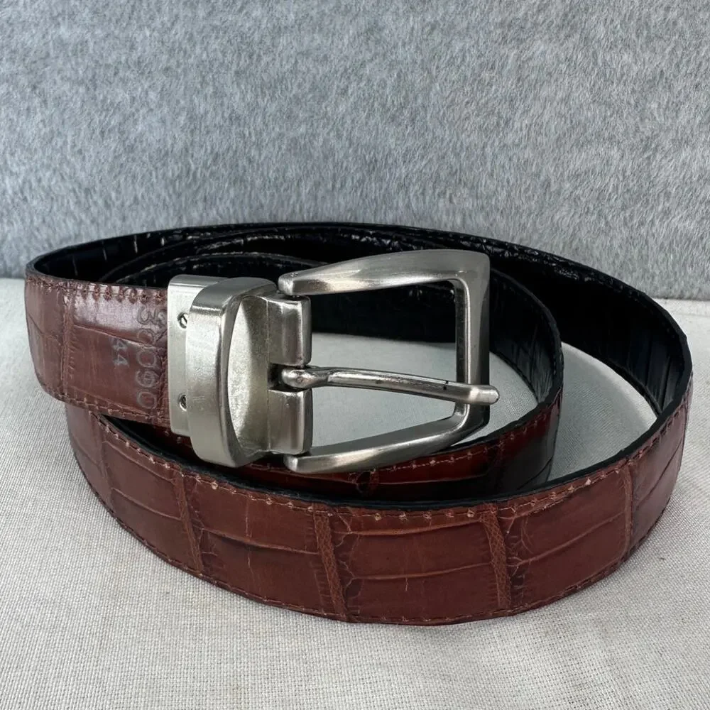 Brighton Men's 44 Reverisble Croco Leather Belt Tan & Black Silver Toned Buckle